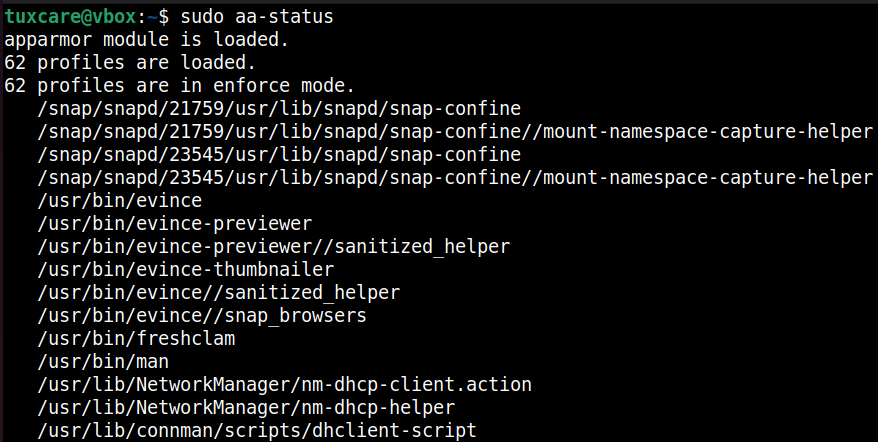 apparmor command output